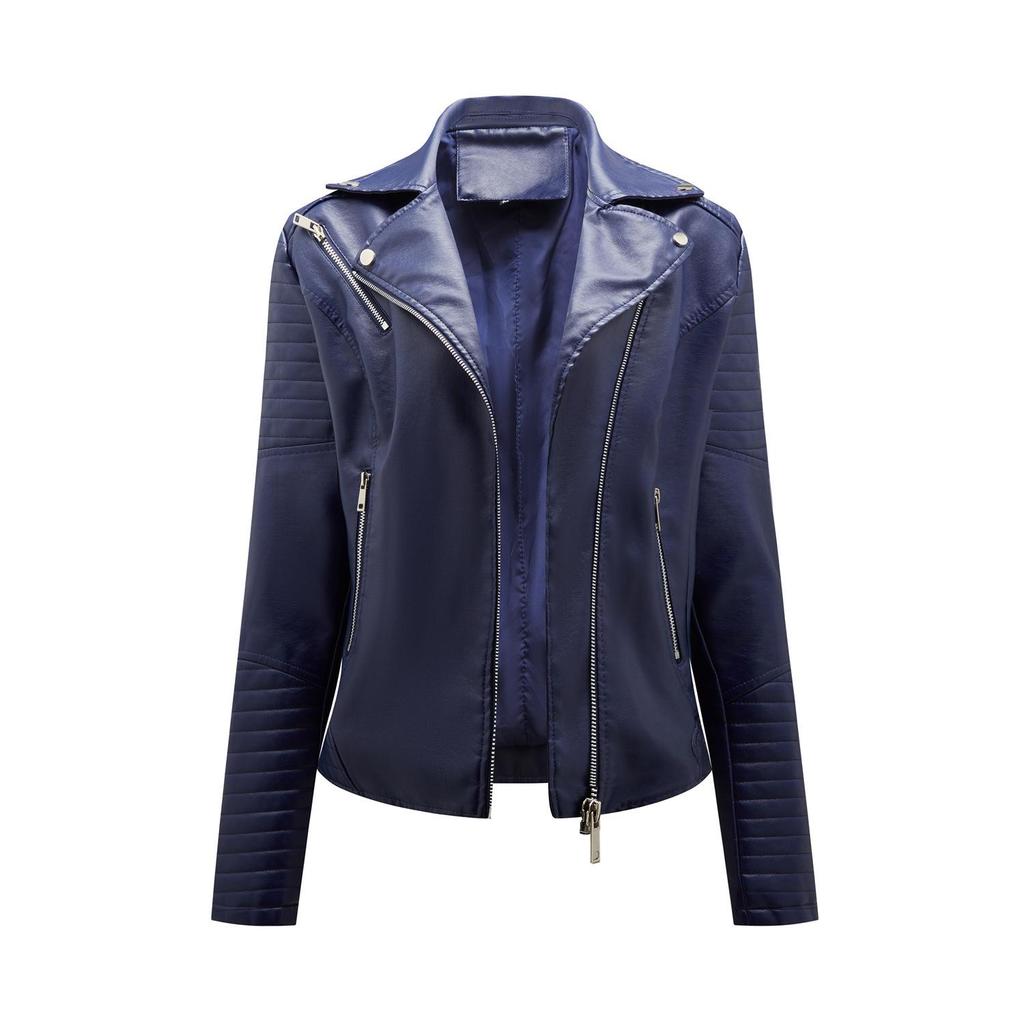 Spring and Autumn Short Leather Jacket for Women, Slim Fit, Lapel Motorcycle Jacket, Oblique Zipper Jacket for Women