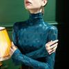 Spring Autumn High Neck Lace Bottoming Women's Slim Fit Embroidered Plaid Top