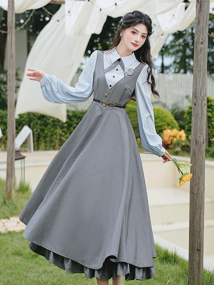 Retro Academy Style Doppellagiges Westenkleid mit Hemd mit Umlegekragen