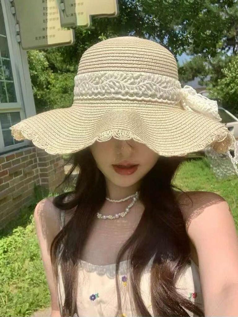 Summer Wide Brim Straw Hat With Lace Trim And Faux Pearl Decoration For Women