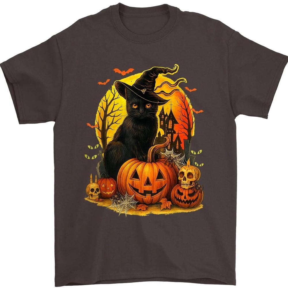 

Halloween Black Cat Witch Shirt Pumpkin Skull Spooky Graphic Tee Unisex 4XL
