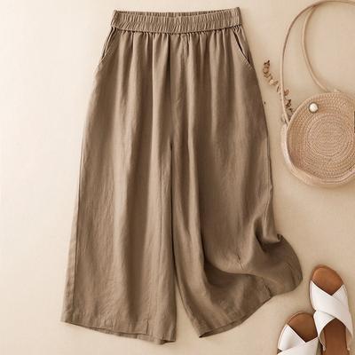 Sommer Freizeit Locker Basis Caprihosen Elastische Taille Aprikot Grau Große Größen Gerade Caprihosen Baumwolle Vintage Elegant Caprihosen