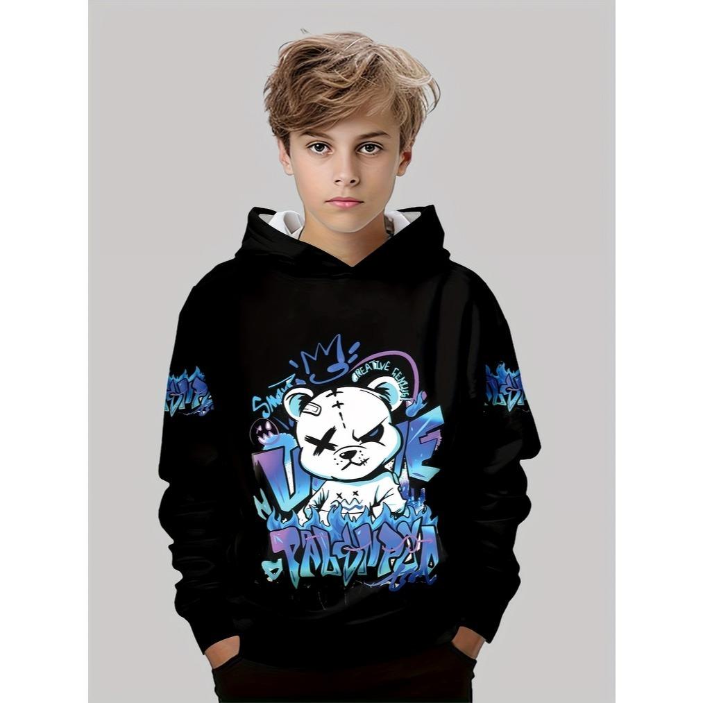 Trendy Boy Round Neck Boy 3D Printed Casual Pullover, Outdoor Hooded Sweatshirt Printed