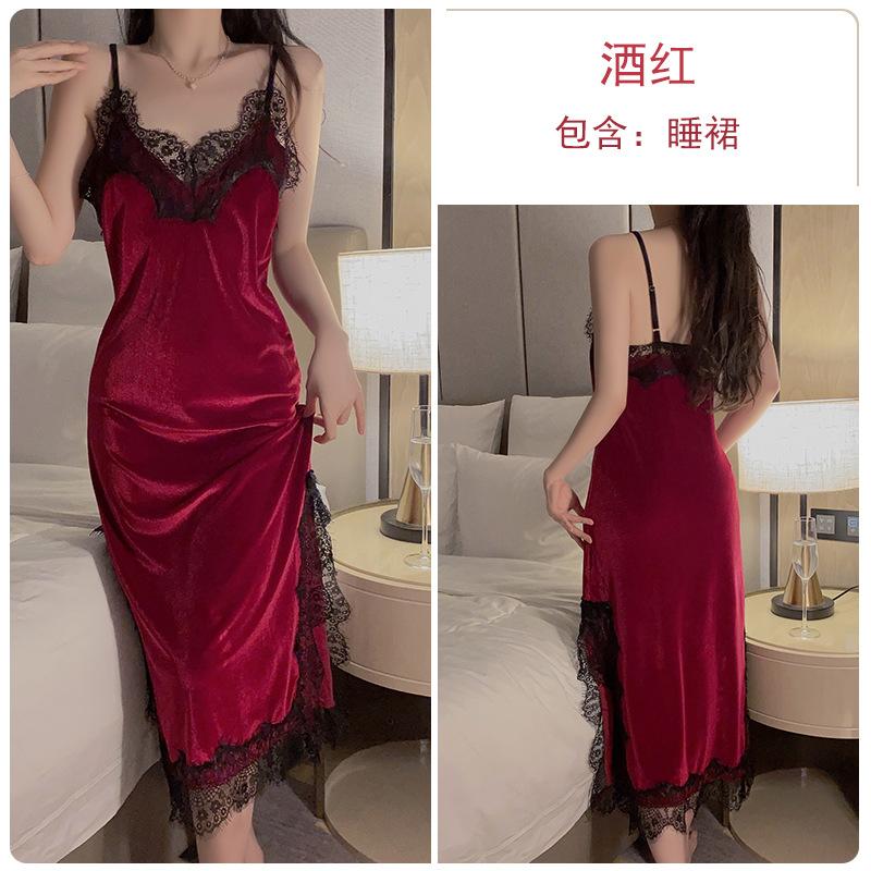 Women's Plus Size Velvet Slit Cami Sleep Dress with Robe for Fall Winter