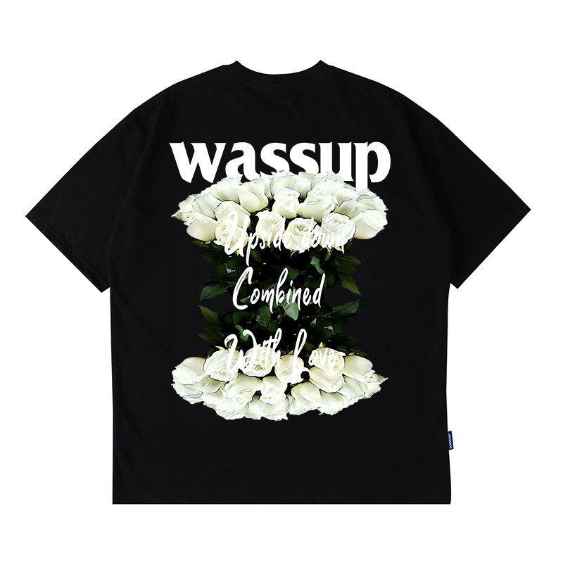 Wassup Rose Letter American Style Short-Sleeve T-Shirt for Men, Summer 24 New Heavyweight Street Couple T-Shirt Top