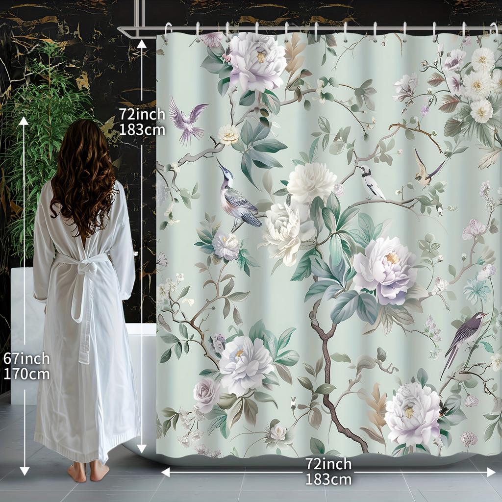 1pc Chinese Style Elegant Classical Peony Branch Magpie Shower Curtain, Decorative Print Shower Curtain with Hook