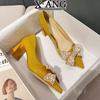 Rhinestone Bow High Heels Women's Spring New with Skirt Shallow Middle Heel Thick Heel Pointed Single Shoes