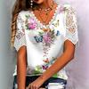 Women's Floral Butterfly Print Lace Short Sleeve V Neck Casual T-Shirt Blouse Top