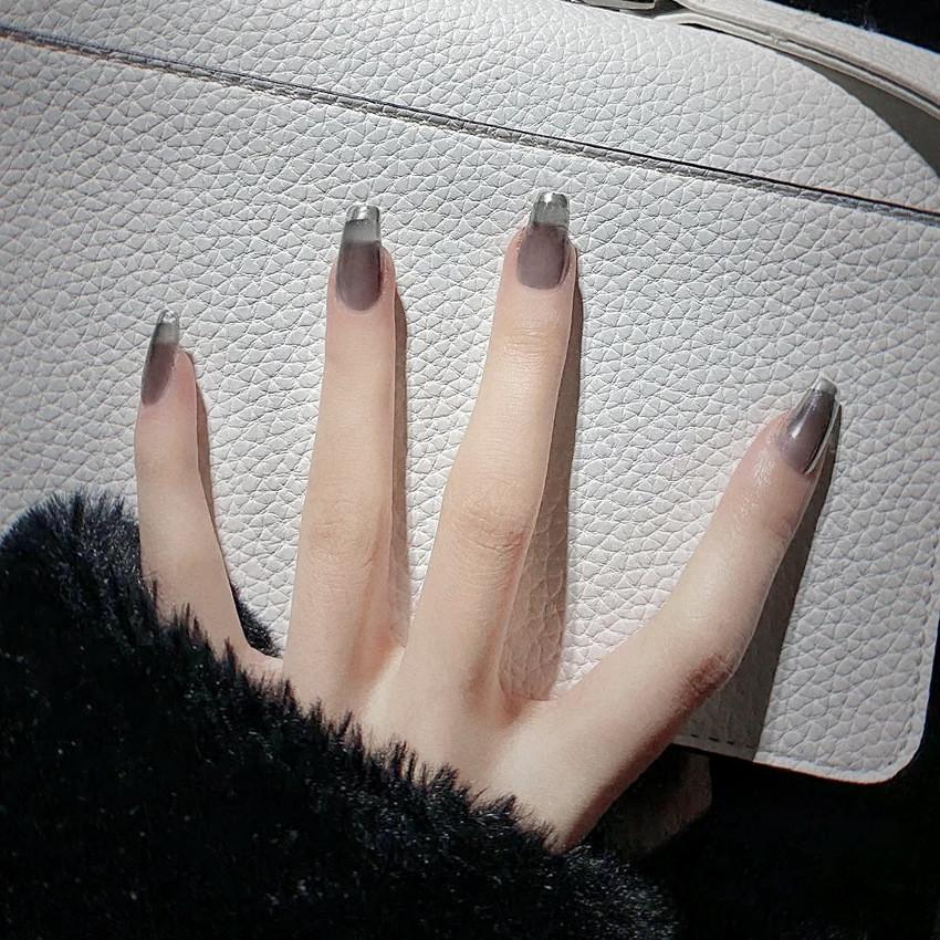 High-quality Peach Manicure Silver French False Nail Tips Wearable Nail Stickers Finished Nail Pieces 24 Pieces Ballet Nails S85