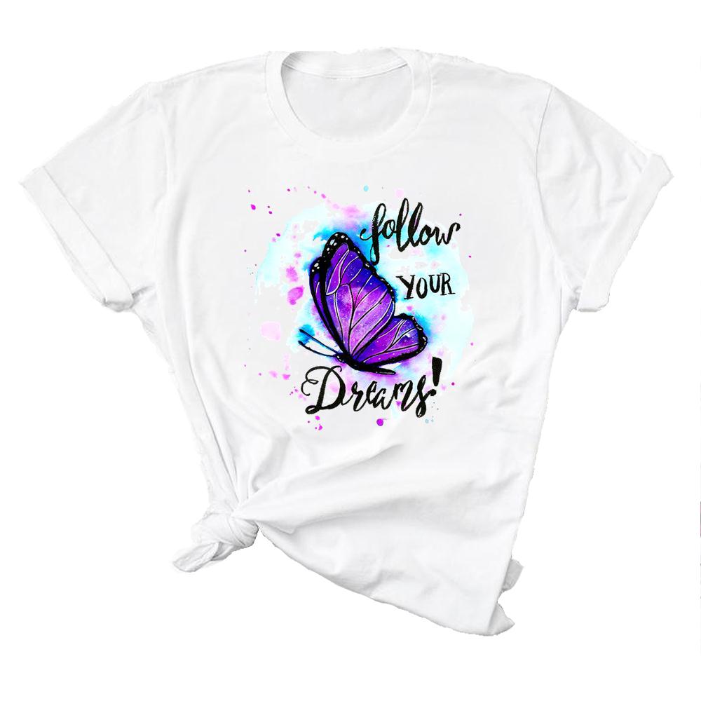 Tee Top Tshirt Fashion Clothes Women Watercolor Print Lady Female Clothing Butterfly Letter Short Sleeve Printing T Casual Cartoon Graphic T-shirt