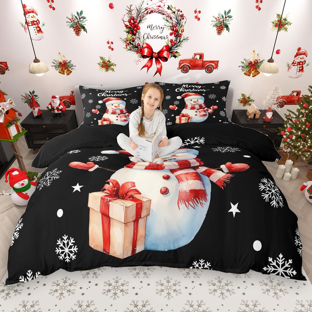 Homewish Cartoon Snowman Duvet Cover Set for Kids 2pcs/3pcs, Christmas Bedding Set for Girls Boys, Xmas Tree Farm Truck Bed Set