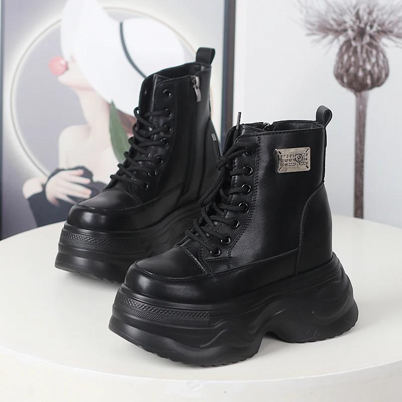 Fashion 12CM Microfiber Genuine Ankle Booties Chimney Shoes Genuine Leather Zipper Boots Women Autumn Motorcycle Spring Fashion