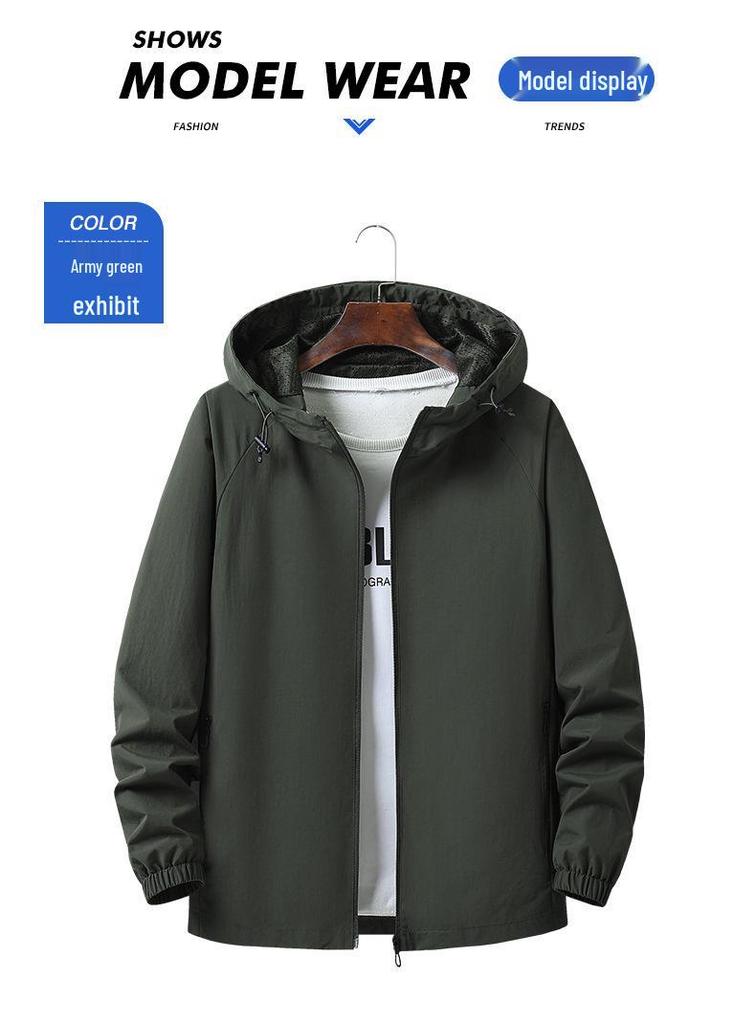 2025 Men's Lightweight Nylon Hooded Jacket: Casual Solid Color Workwear for Middle-Aged and Elderly