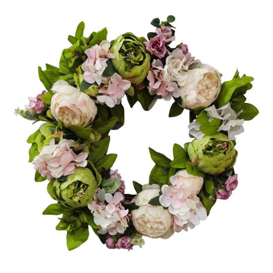 40CM Artificial Peony Wreath Indoor Outdoor Front Door Wall Hanging Fake Flower Garland with Green Leaves Wedding Party Home Decoration