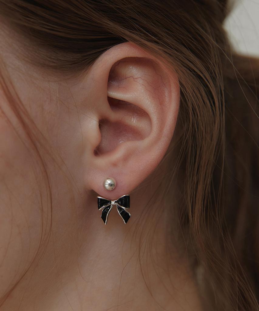 Tatiana (Silver 925) Black Party Ribbon Ear Jacket Earrings Ec3076