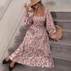 Maxikleid mit Blumenmuster, quadratischem Ausschnitt, langen Ärmeln und Rüschensaum, elegantes A-Linien-Sommerkleid für Damen
