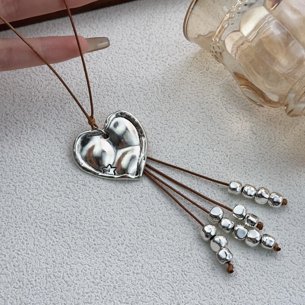 Boho Retro Sliver Color Irregular Heart-shaped Tassel Long Thin Rope Chain Necklace for Women Personality Collar Chain Jewelry