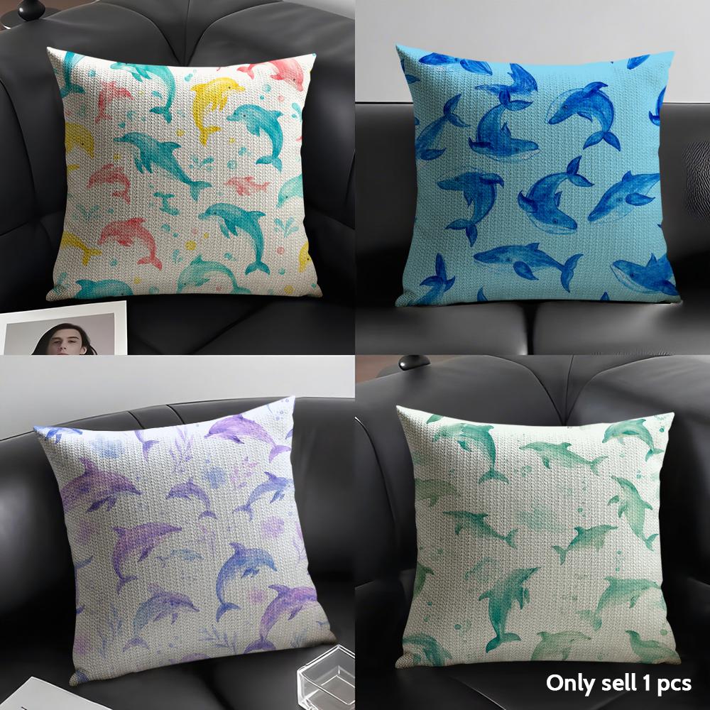 Whale Print Cushion Cover Breathable Linen Organic Fabric DoubleSided Printing Sofa Pillow Case Home Decor
