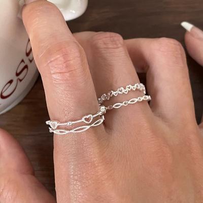 Sweet Cool Stacked Heart Ring Women's S925 Plated Hollow Chain Geometric Irregular INS Index Finger Party & Daily Ring