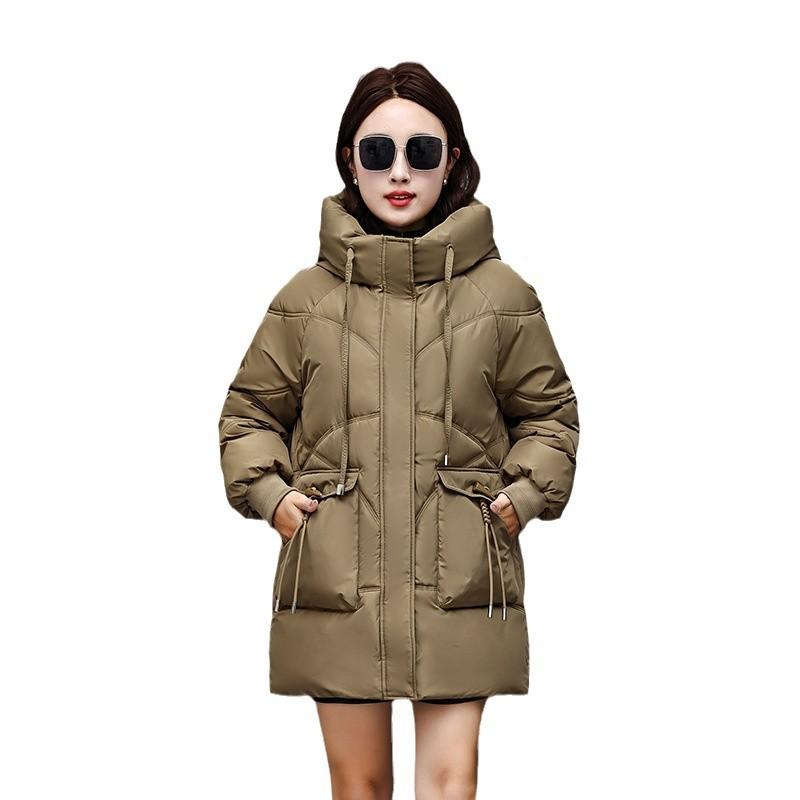 2025 new down cotton jacket mid-length thickened hooded padded jacket Korean version loose cotton jacket winter warm jacket for women