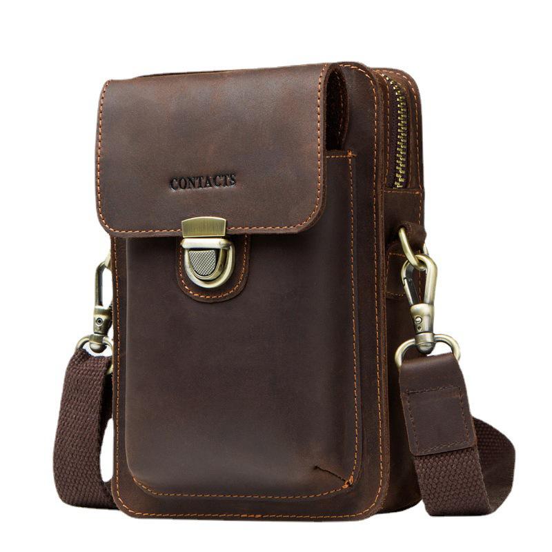 Men s Retro Crazy Horse Leather Crossbody Phone Waist Bag
