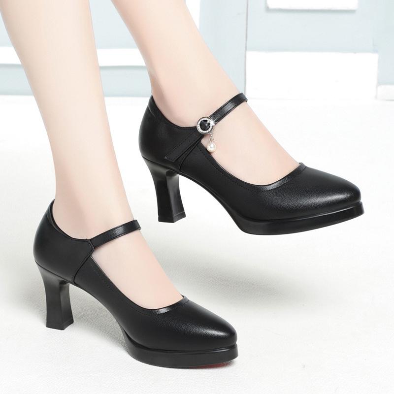 Etiquette high-heeled leather shoes soft leather platform single shoes thick-heeled catwalk shoes waterproof table one-word buckle belt women's shoes