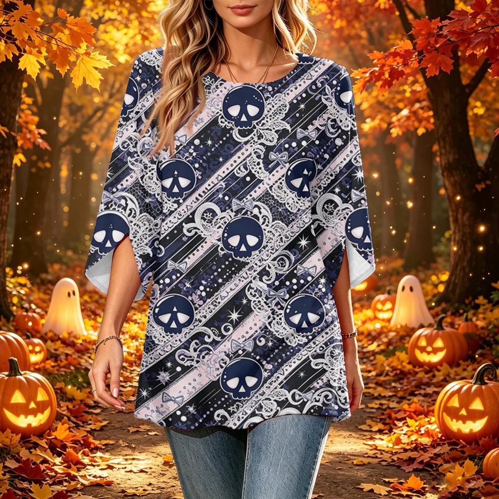 Women's Halloween Print Casual Neck Loose Fit 3/4 Sleeve Top