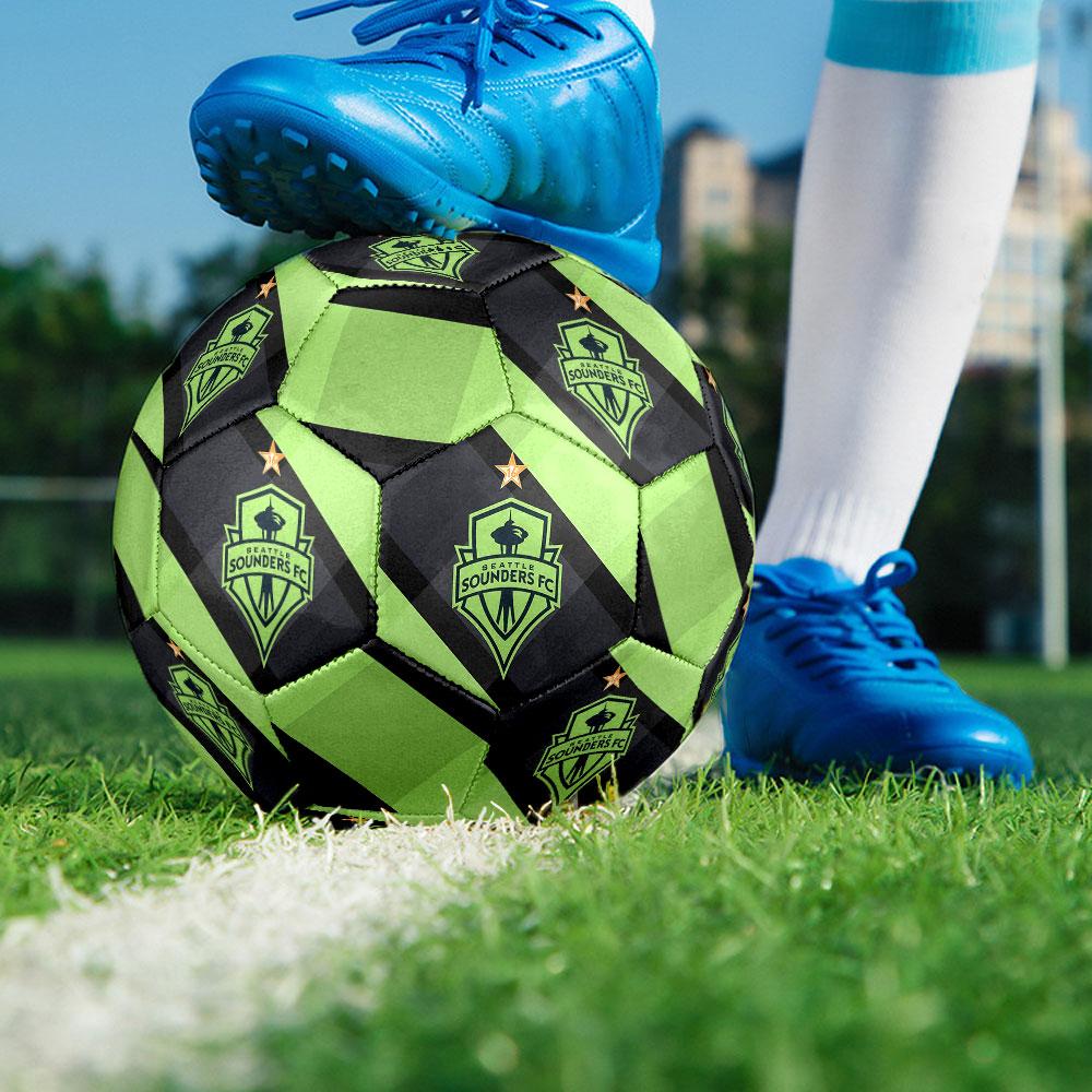 FC Seattle Sounders Size 5 Soccer Ball, Machine-Stitched PVC, Durable & High Bounce, All Ages Fit, fan merchandise, matches & outdoor use.