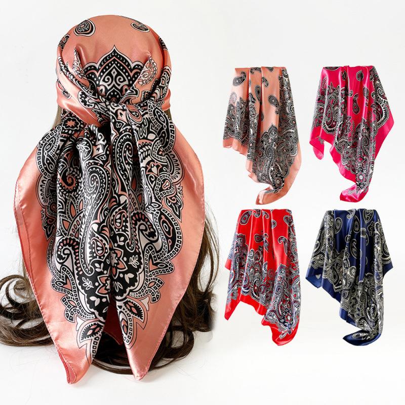 Cashew Flower Silk Scarf, 90cm Headscarf, Classic Printed Silk Scarf, Women’s Satin Square Scarf, Shawl