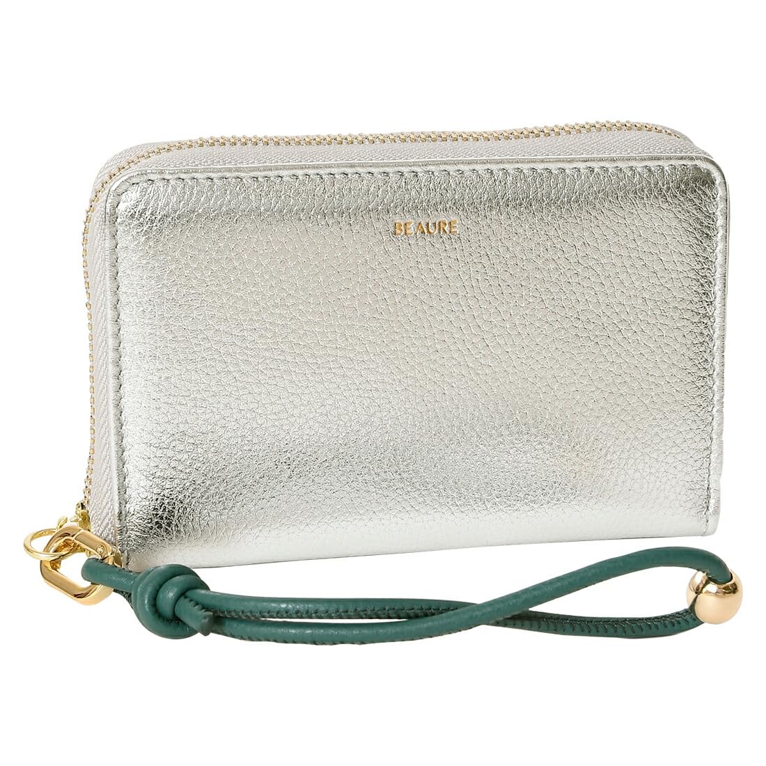 BEAURE B-24097 Настоящая кожаная короткая сумка-кошелек, средний кошелек, на круговой молнии, складной, с ручным ремешком, женский, серебристый