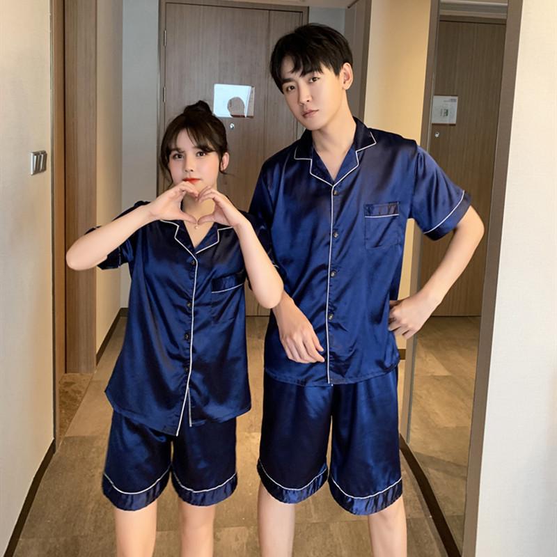 

Couple s Short-Sleeved Solid Color Silk Pajama Set - Women s Cardigan and Men s Ice Silk Home Wear. Women s M