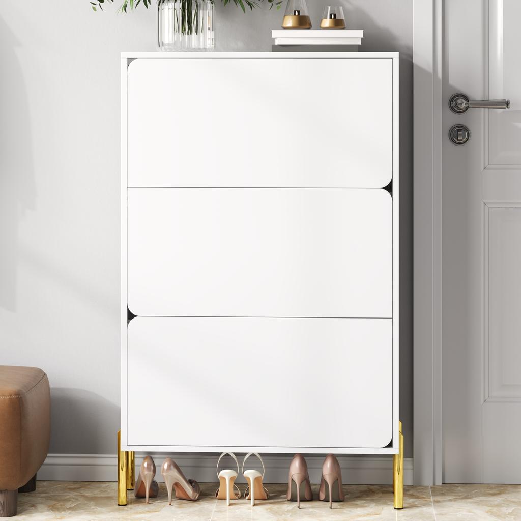 Modern Minimalist Shoe Cabinet, Three Doors, Large Capacity, Golden Cabinet Feet, Stylish and Practical, Suitable for the Entrance Area or Foyer.
