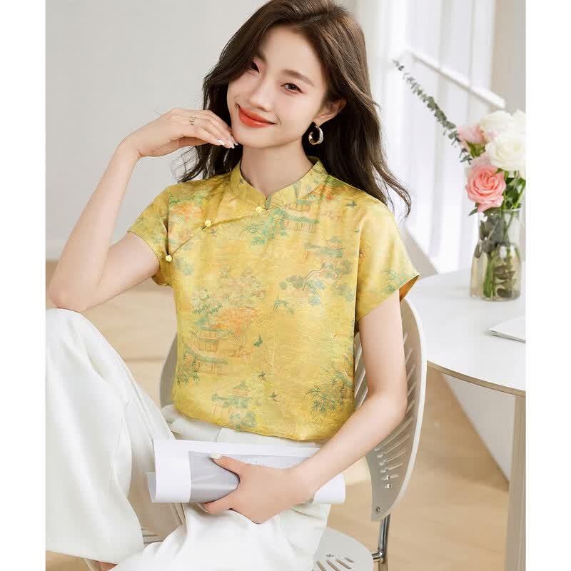 ORIGIN Chinese Style Retro Printed Stand Collar Short Sleeve Shirt