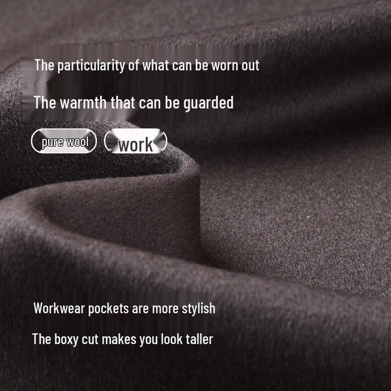 Hongdou Men's 100% Wool Workwear Jacket with Contrast Leather Collar