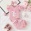 Toddler Girls Short Sleeve Romper with Cartoon Bunny Print Shorts and Headband Set Baby Clothing Summer Outfit Baby Bodysuit and Bloomers