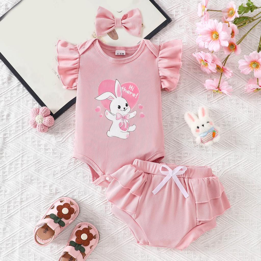 Toddler Girls Short Sleeve Romper with Cartoon Bunny Print Shorts and Headband Set Baby Clothing Summer Outfit Baby Bodysuit and Bloomers