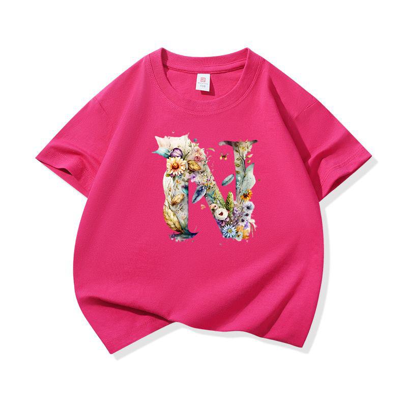 Kids Cotton T Shirt Floral Letter N Print Crew Neck Short Sleeve Tee Casual Boys Girls Summer Tops