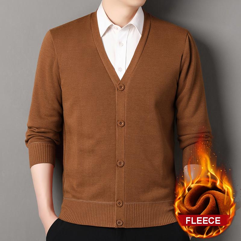 Autumn Winter Men's Smart Casual Knit Cardigan V-neck Sweatercoat Men Solid Knitting Fleece Sweaters Outwear