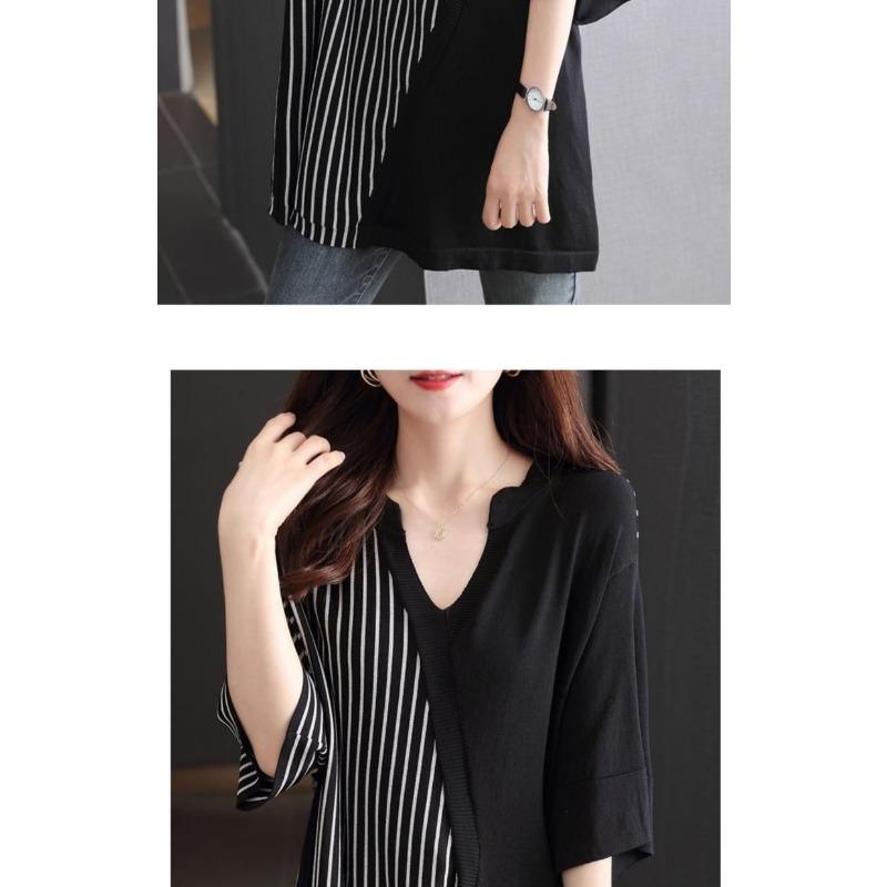 Plus Size Summer New Women's Clothing Lazy Style V-neck Loose Bottoming Thin Section Niche Five-quarter Sleeve Top Striped Splicing