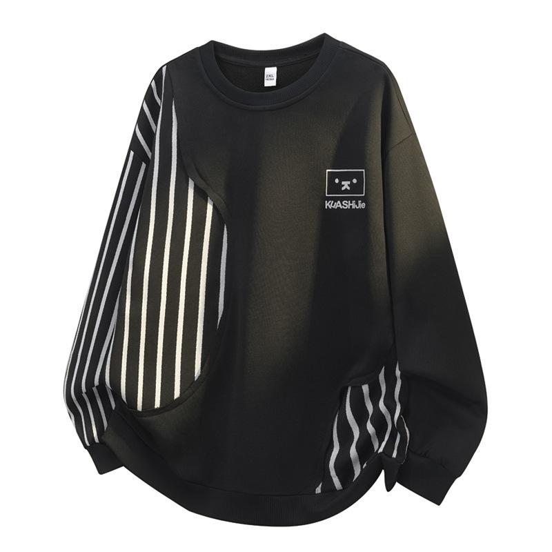 

Толстовка с круглым вырезом, мужская, повседневная, свободного кроя, пэчворк, простая, с длинным рукавом, базовая футболка L чёрный