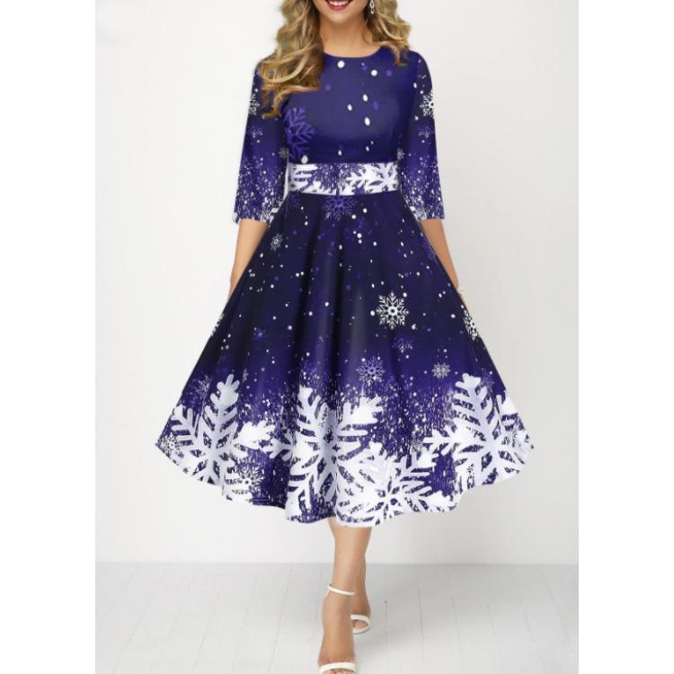 Vestido con estampado de copos de nieve navideños para mujer, estampado 3D, cintura alta, elegante vestido informal de media manga con cuello redondo, ropa festiva para las fiestas