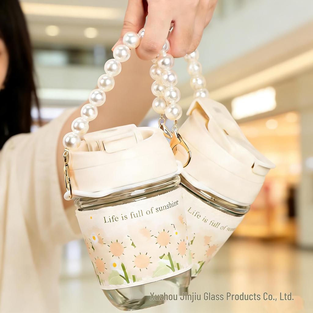 Customizable Pearl Handle Double Wall Tumbler - Aesthetic Daisy Design, Portable Instagram Style Water Cup