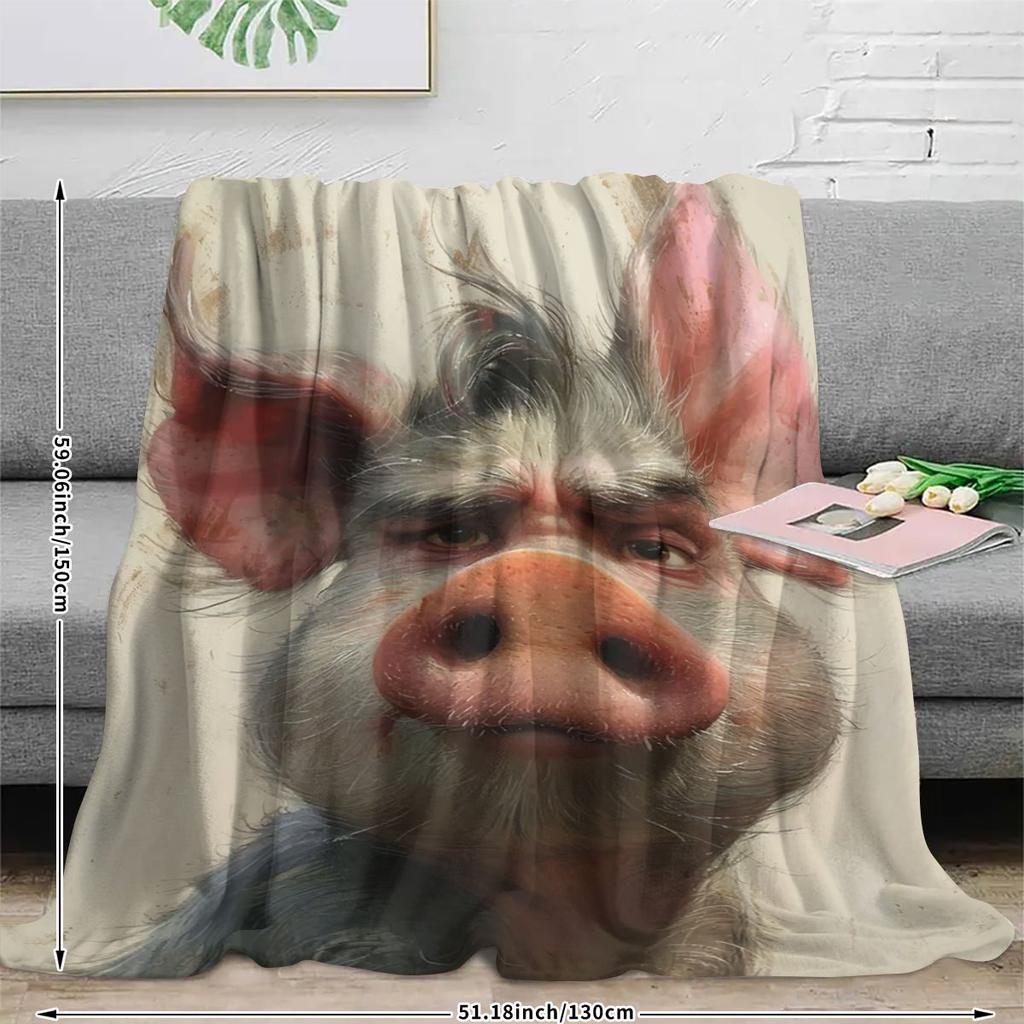 Interesting Pig-themed Pattern Flannel Printed Blanket Suitable for All Seasons Suitable for Living Room Office Sofa and Travel