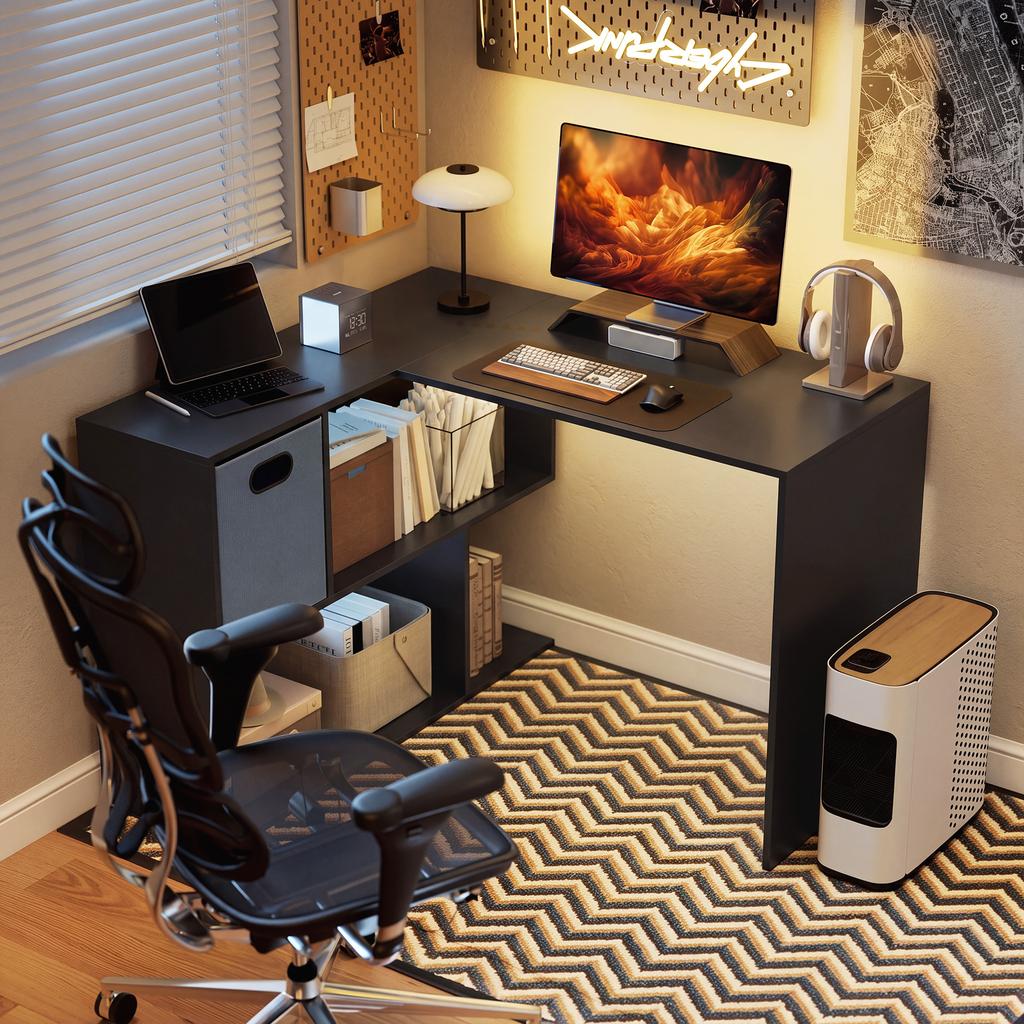 110 Cm L-Shaped Desk, Small Computer Desk with Fabric Drawer and Storage Shelves for Home Office, Study, Black