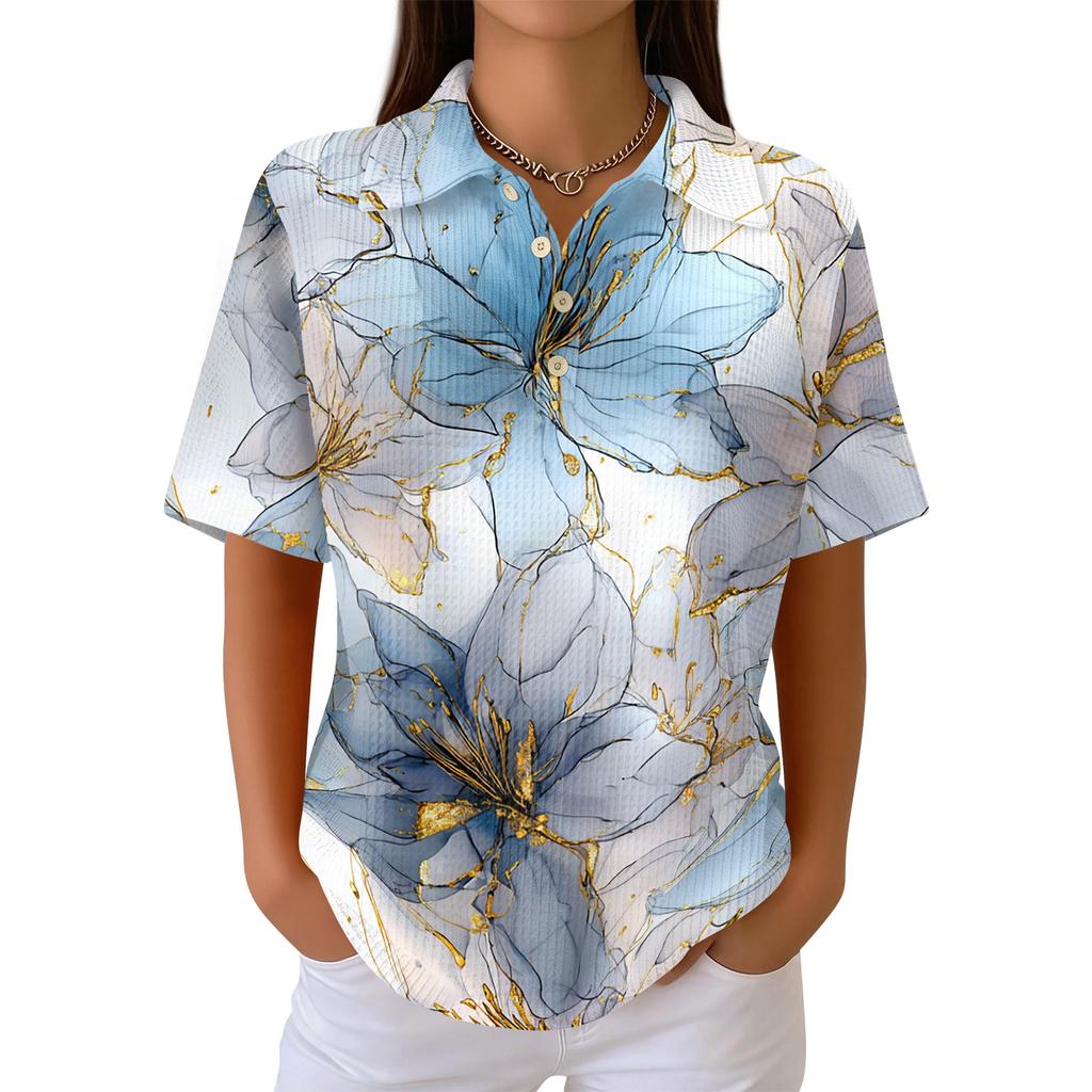 Women’s Short Sleeve Polo Collar Knit Top with Vintage Floral Print Casual Loose Fit Button Front Shirt