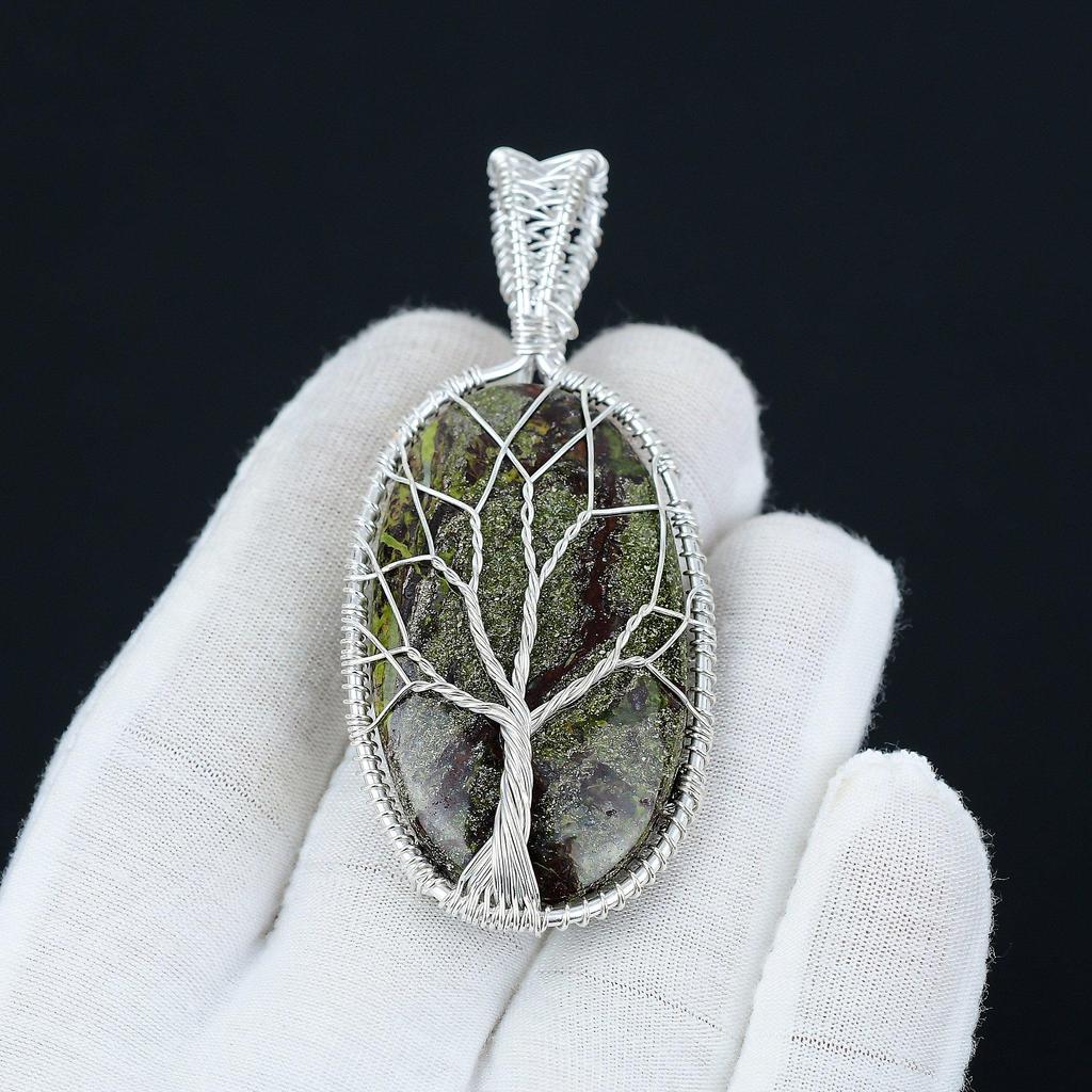 Pendentif Jaspe Sang de Dragon Pierre Précieuse Fait Main Argent Sterling 925, Bijou Enveloppé de Fil d'Argent, Bijou Arbre de Vie Enveloppé de Fil