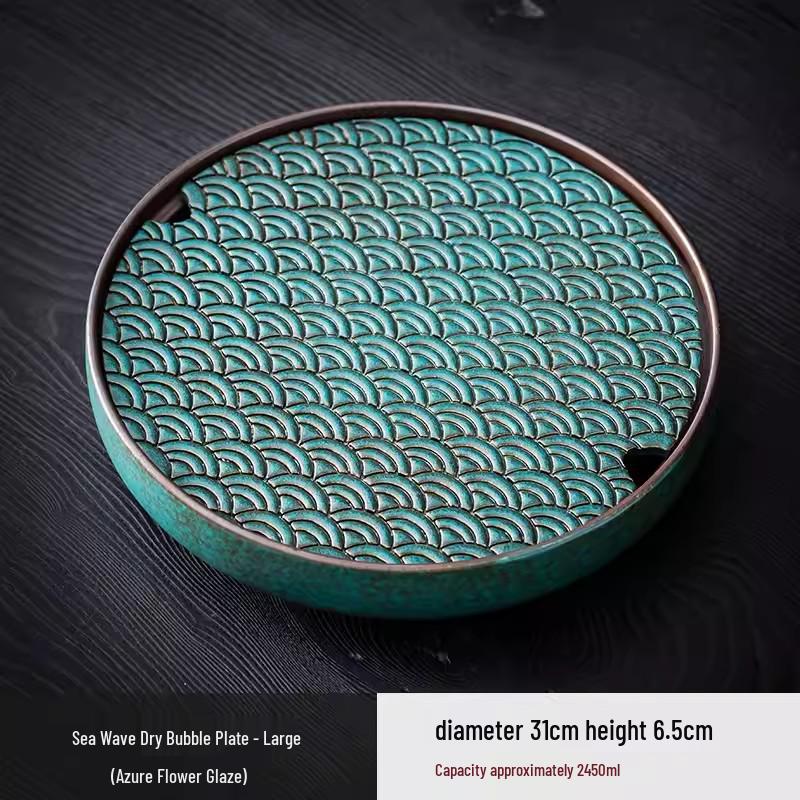 Round Ceramic Tea Tray: Chinese Retro Kung Fu Tea Set, Dual-Use Dry & Wet Brewing Table with Water Storage.