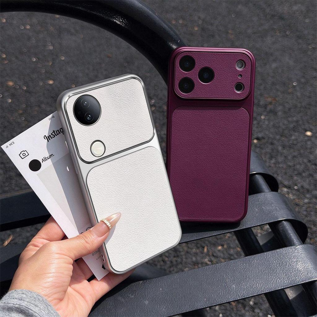 Electroplated Bumper Leather Case for Vivo V50 Full Big Window Camera Protector Cover