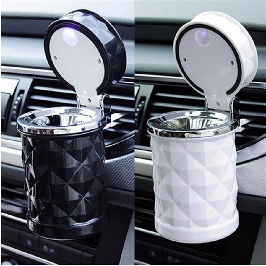 Portable Mini White Car Ashtray Cigarette Cylinder Holder With Blue LED Light