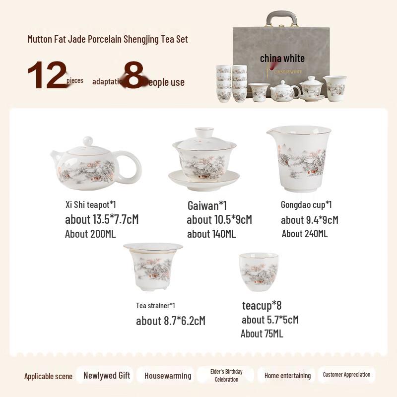 Gold-Inlaid Jade White Ceramic Kung Fu Tea Set